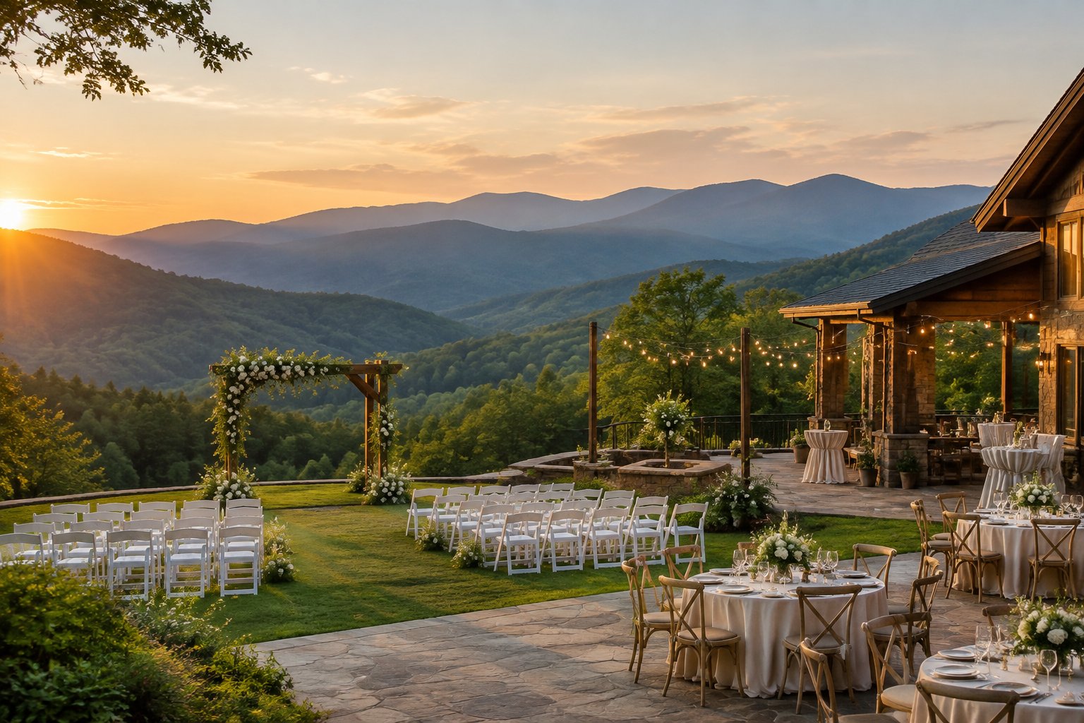 An elegant outdoor wedding venue surrounded by the forested Great Smoky Mountains.