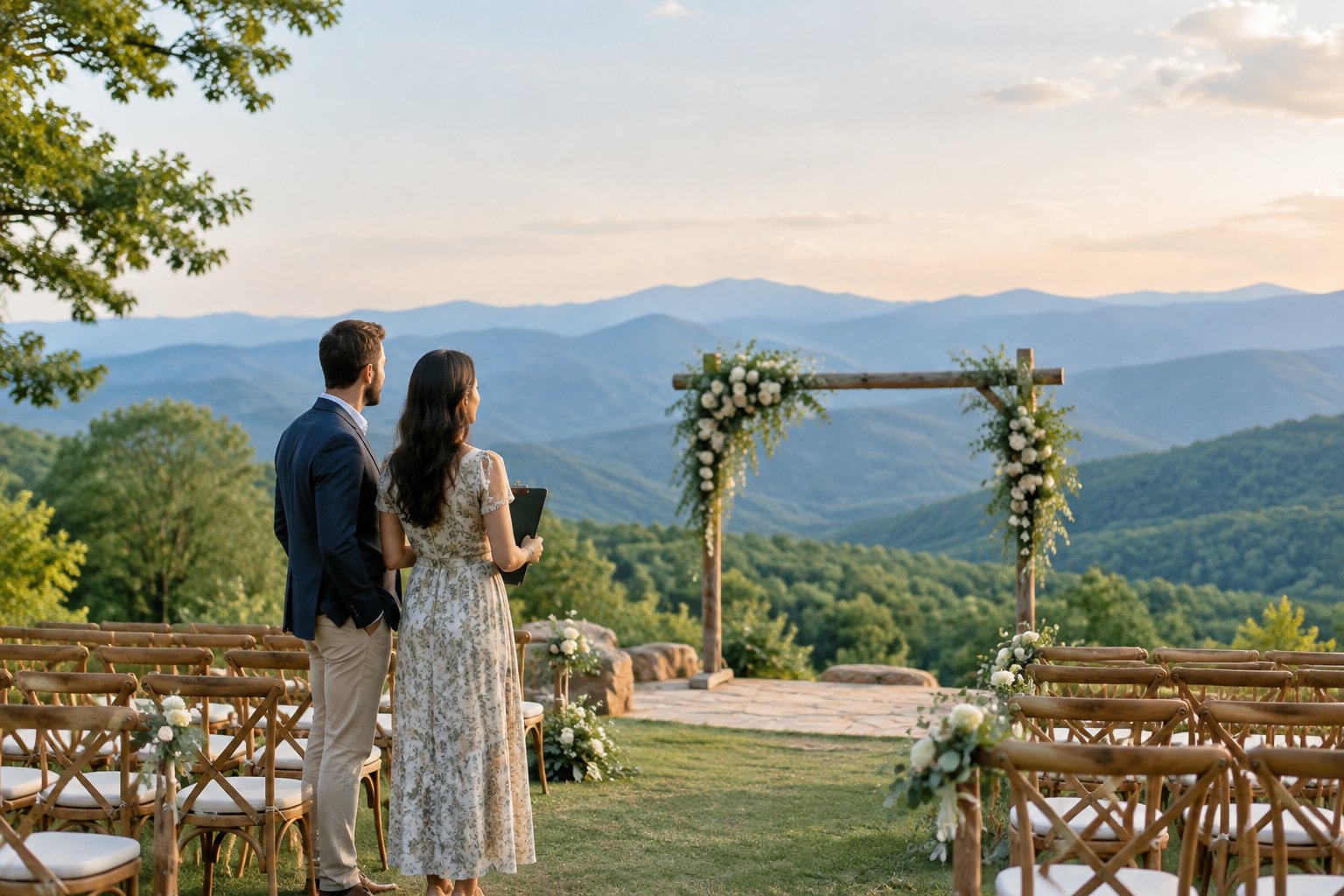 A couple considers an outdoor wedding ceremony setting with the Great Smoky Mountains in the background.