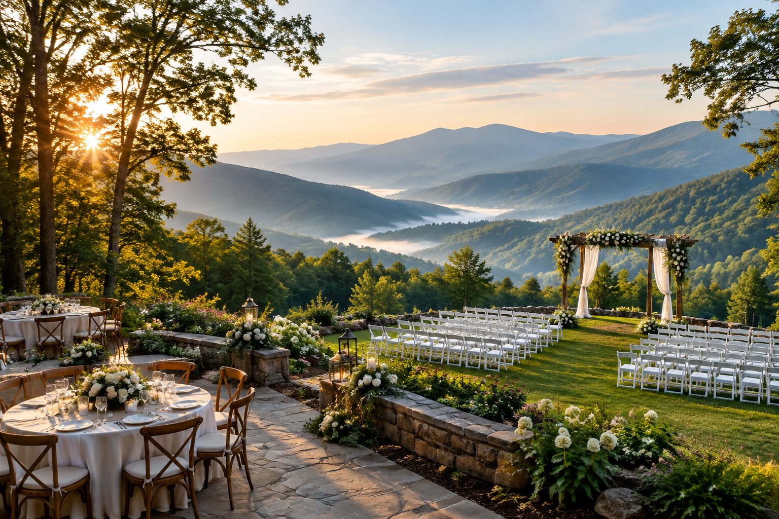 An elegant outdoor wedding venue surrounded by the forested Great Smoky Mountains.