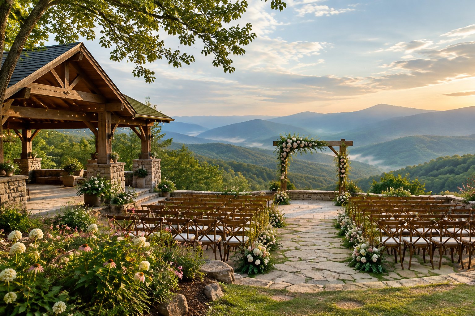 A decorated outdoor wedding venue overlooks the forested Great Smoky Mountains.