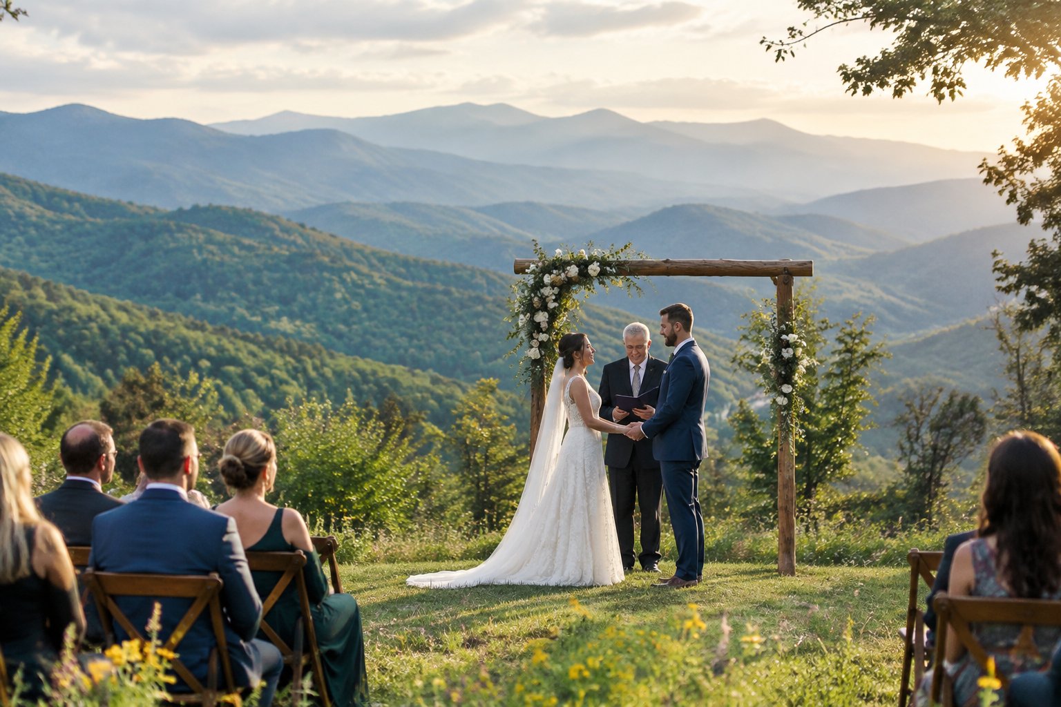A couple in wedding attire stands beneath a flower-adorned wooden arch in a Smoky Mountains meadow.