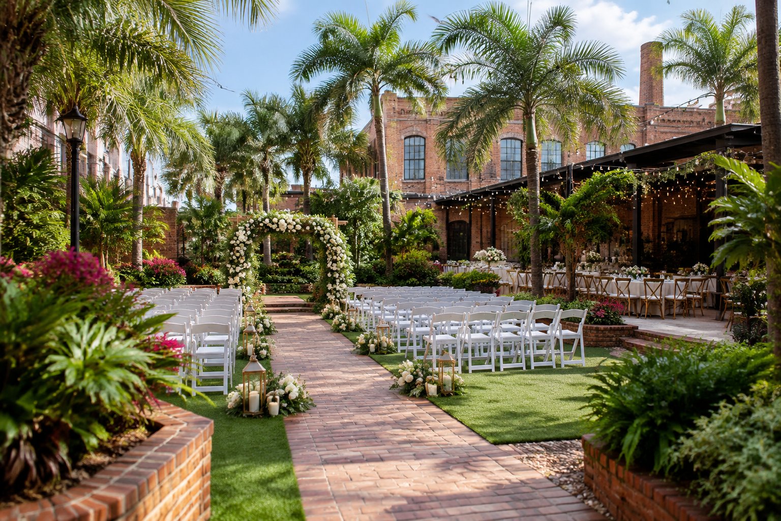 An elegant outdoor wedding ceremony setup in a lush garden beside historic brick buildings.