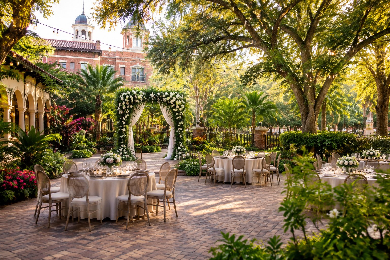 Lush garden wedding venue with floral decorations, outdoor seating, and a ceremony arch.