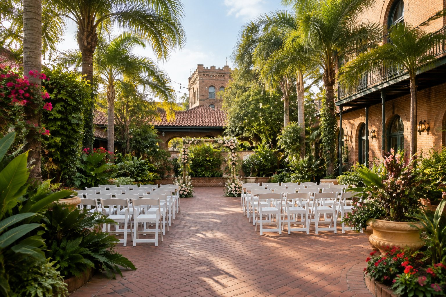 A landscaped garden wedding venue with white chairs, a floral ceremony arch, tropical plants, and historic brick buildings.