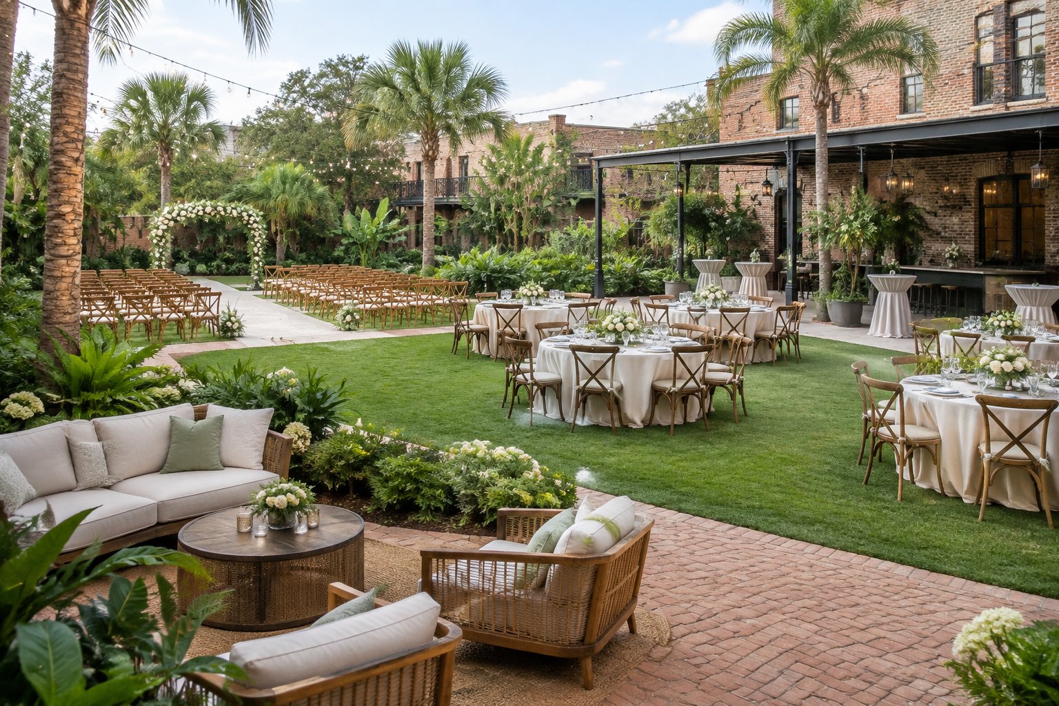 A landscaped garden wedding venue with ceremony seating, reception tables, a covered patio, and lounge areas.