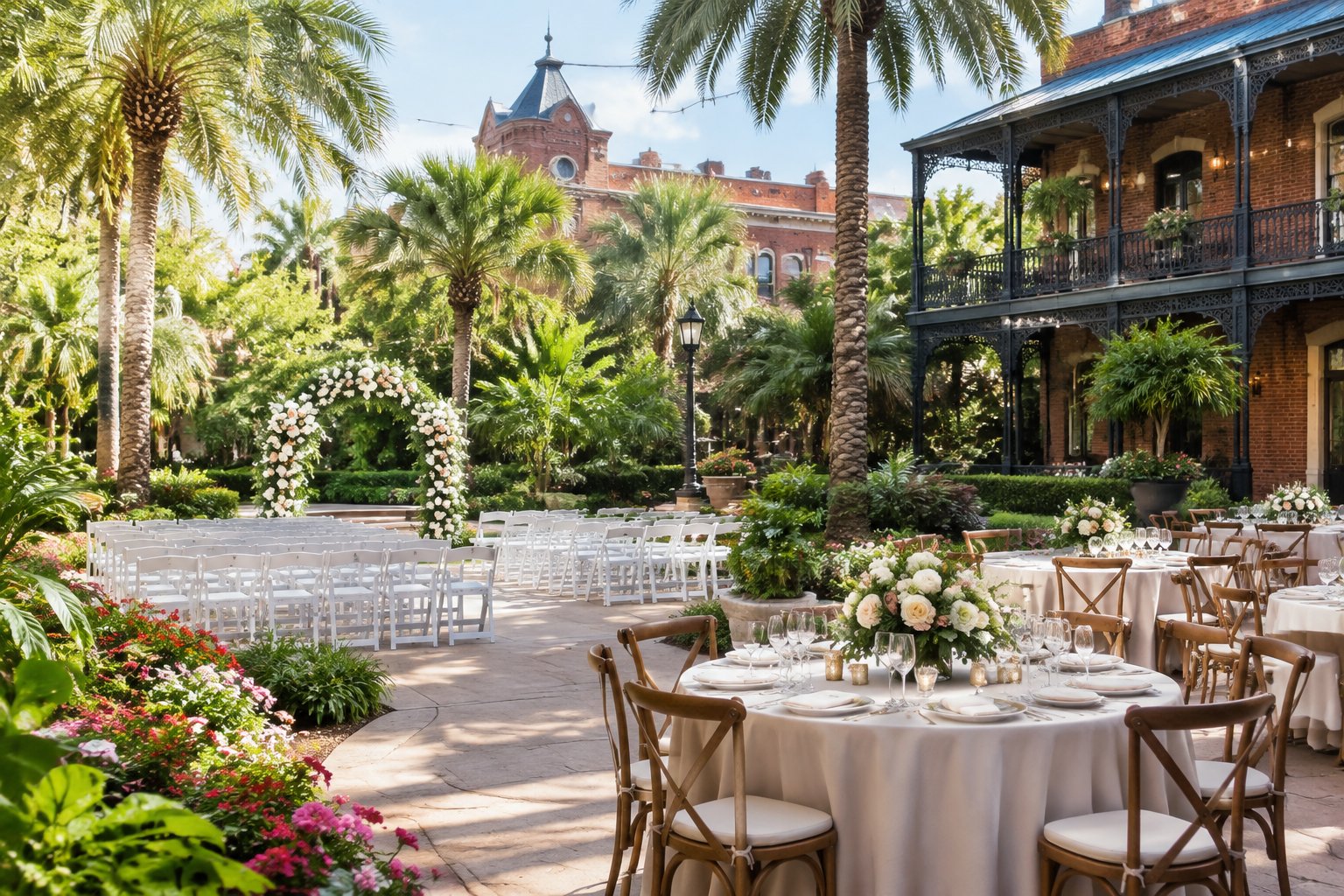 A decorated garden wedding venue with tropical plants, white chairs, floral arrangements, and historic brick buildings.