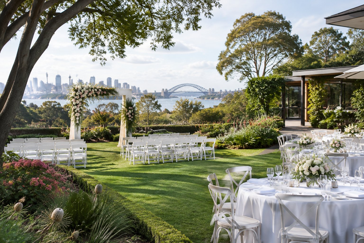 Elegant outdoor wedding ceremony and reception setup in a lush Sydney garden.