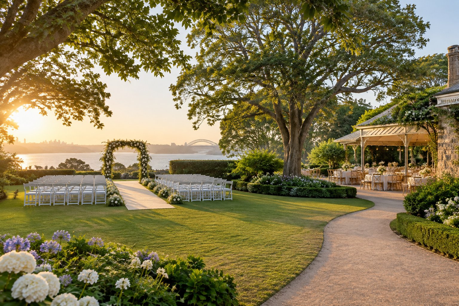 An elegant garden wedding venue with a tree-lined ceremony area, manicured lawns, flower beds, and outdoor seating.