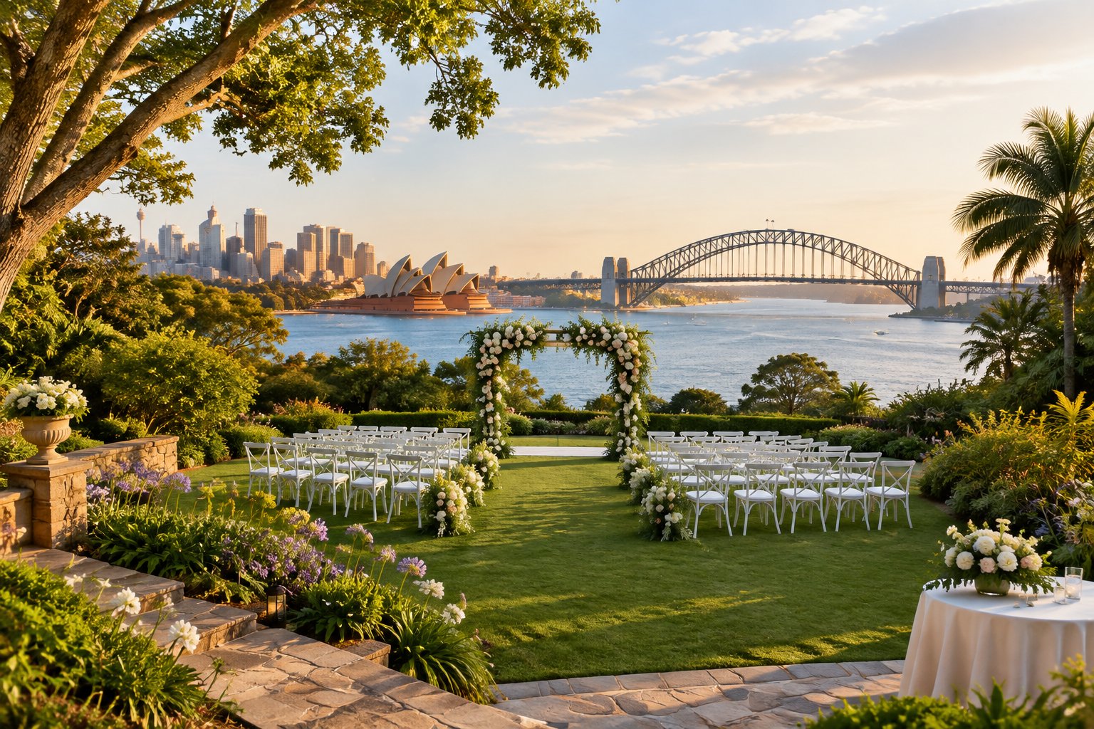 A landscaped wedding garden overlooking Sydney Harbour, with the Harbour Bridge and Opera House in the background.