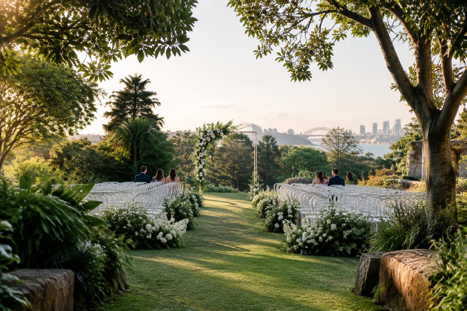 An elegant wedding ceremony setup in a lush botanical garden with a floral arch, white chairs, and mature greenery.