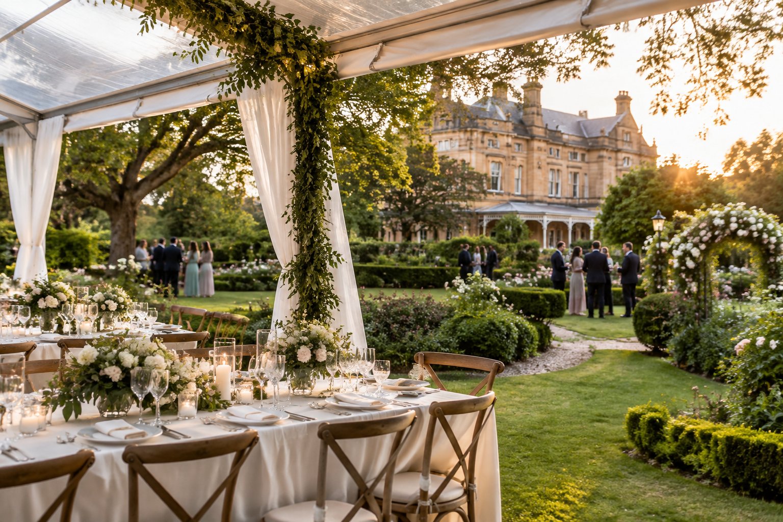 An elegant outdoor wedding reception set in the gardens of a historic estate.