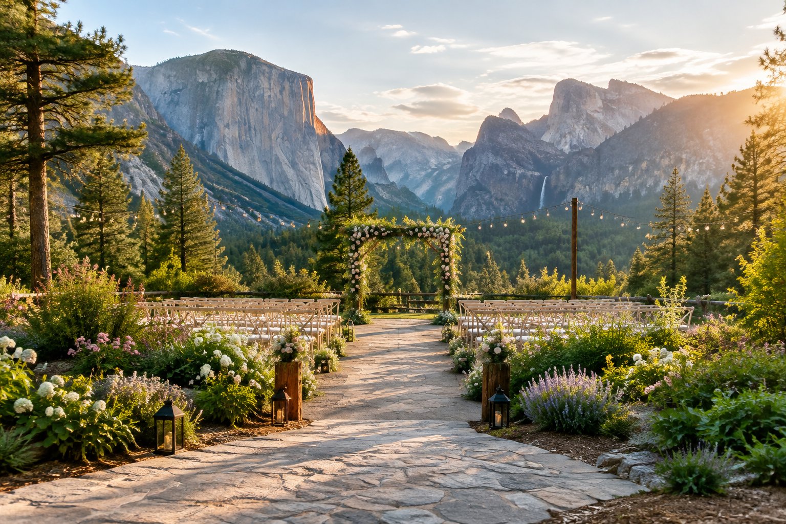 An elegant garden wedding ceremony setup with flowers and chairs in a meadow beneath Yosemite’s granite mountains.