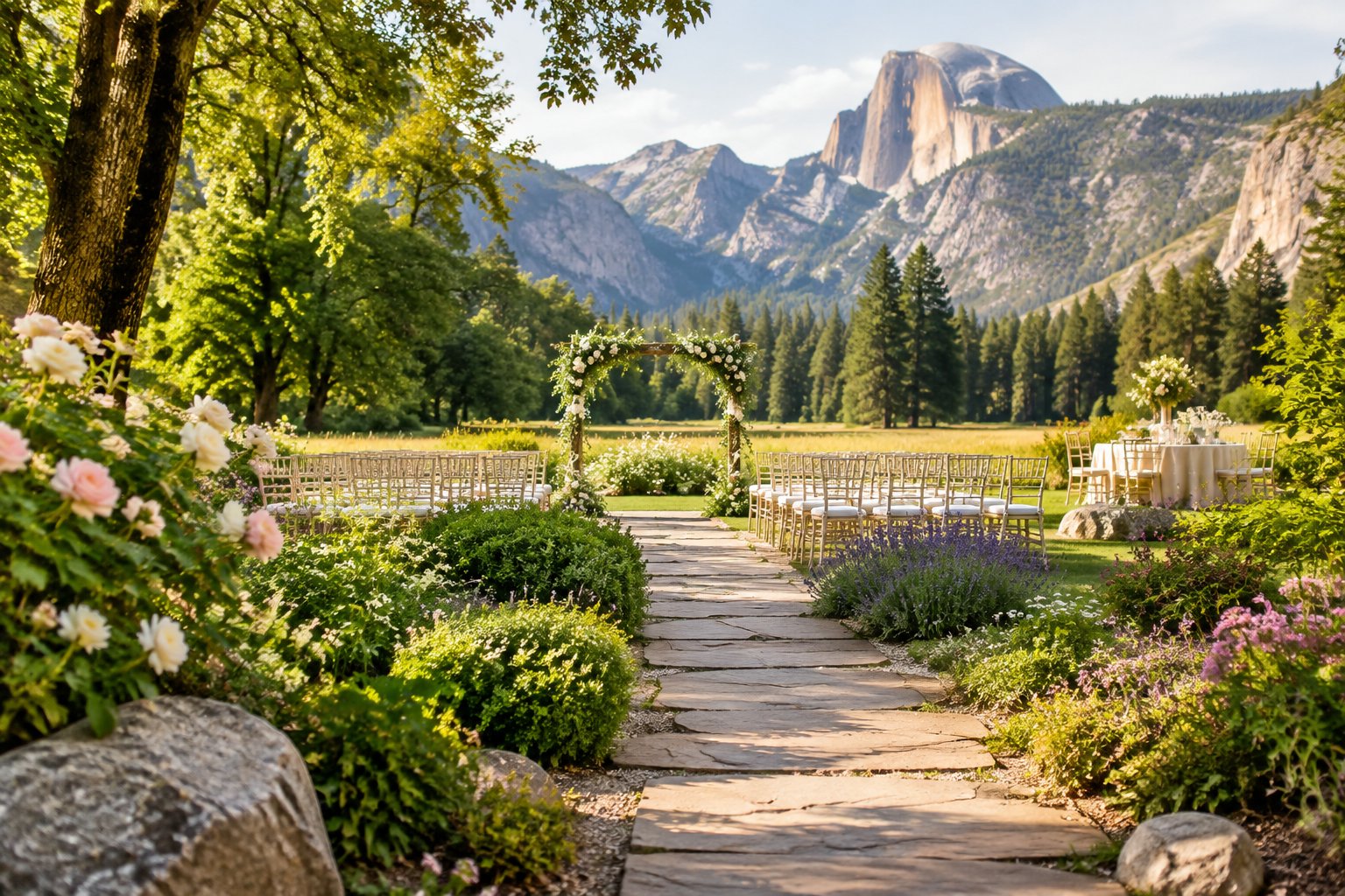 A flower-filled garden wedding setting with mountain scenery in the background.