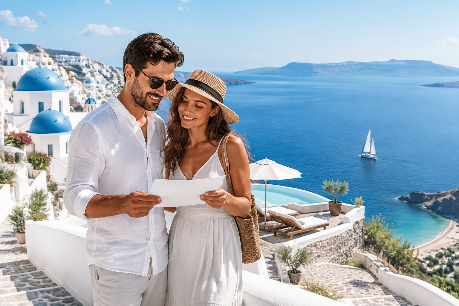 A couple plans their honeymoon on a sunny Greek island terrace overlooking the sea.