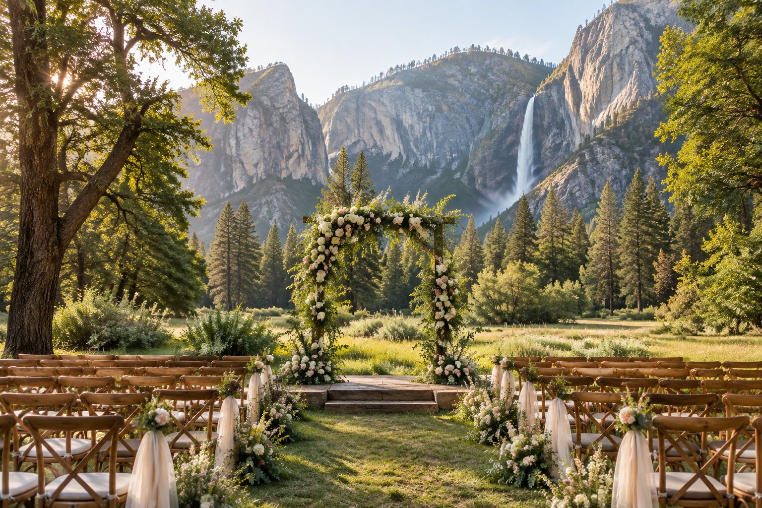 An elegant floral wedding ceremony backdrop stands in a Yosemite meadow surrounded by trees, granite cliffs, and rows of wooden chairs.
