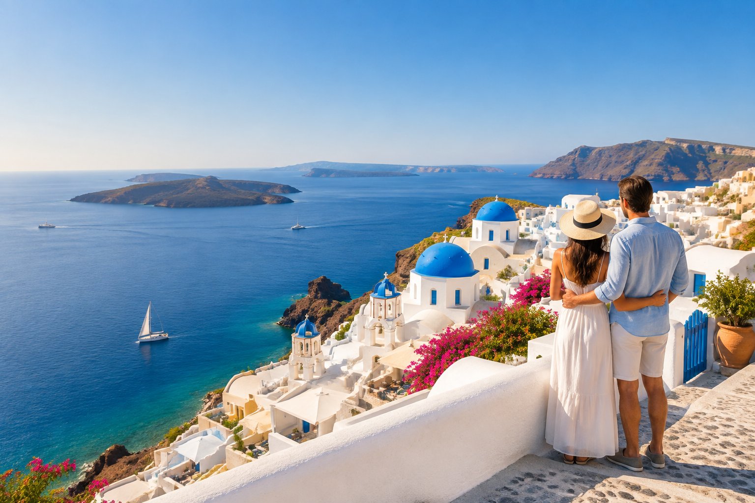 A couple overlooks a whitewashed Greek island village, turquoise bay, and neighboring Aegean islands.