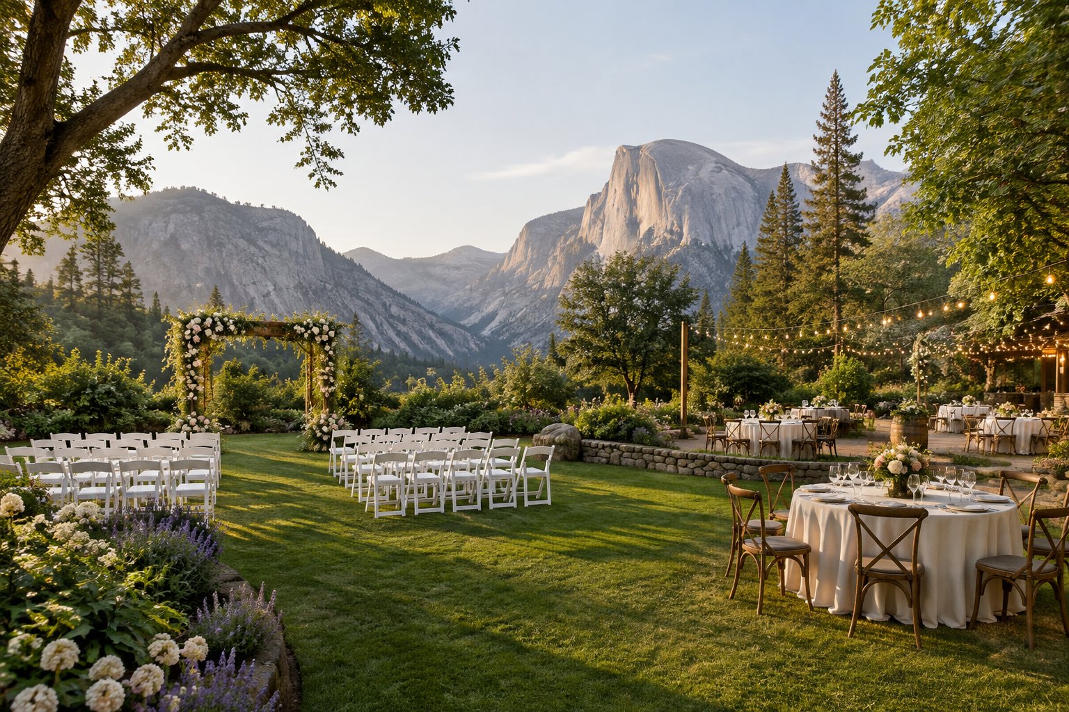 A landscaped garden wedding venue with floral ceremony seating, reception tables, and Yosemite mountain scenery in the background.