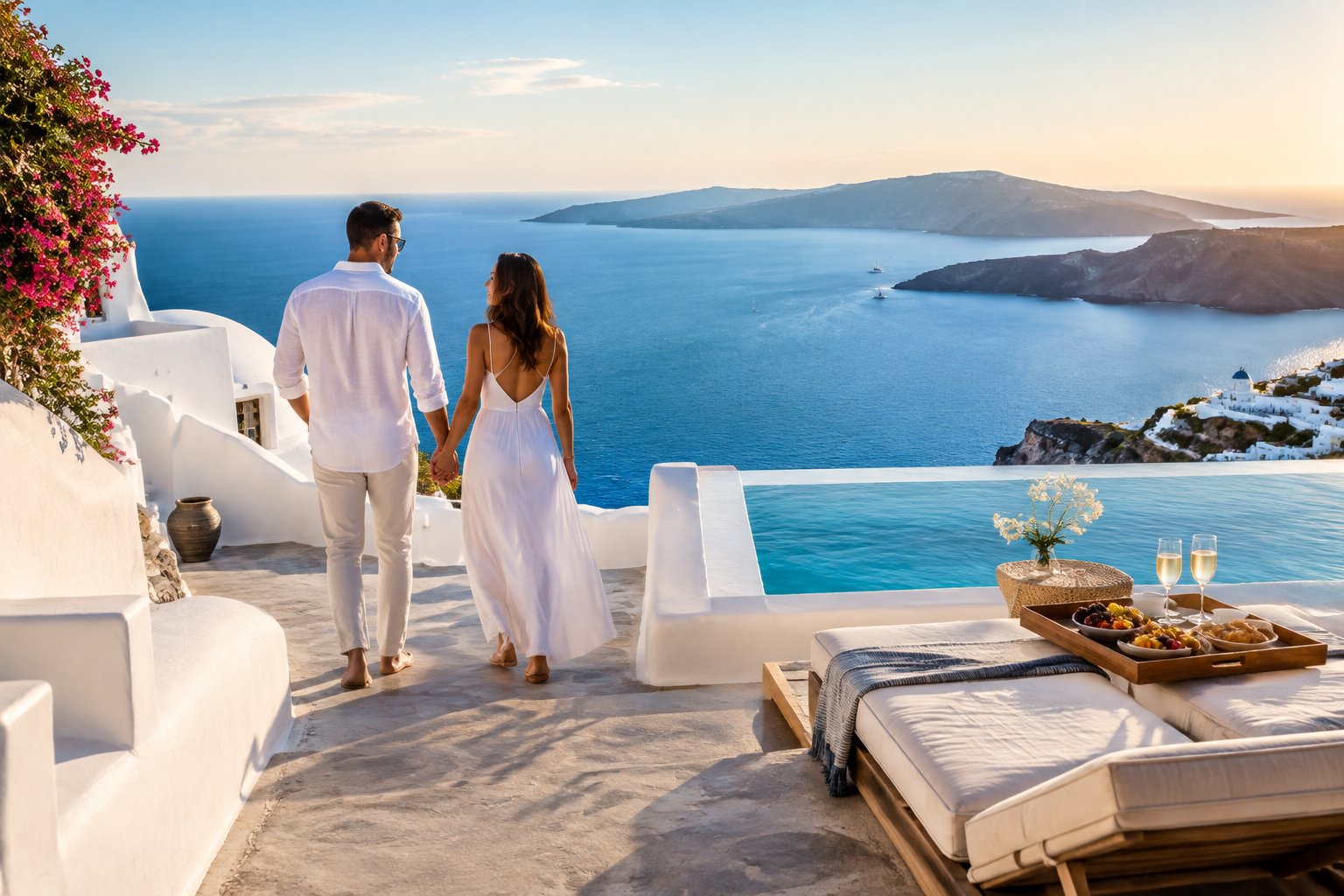 Newlywed couple walking hand in hand beside a luxury terrace overlooking the blue Aegean Sea.