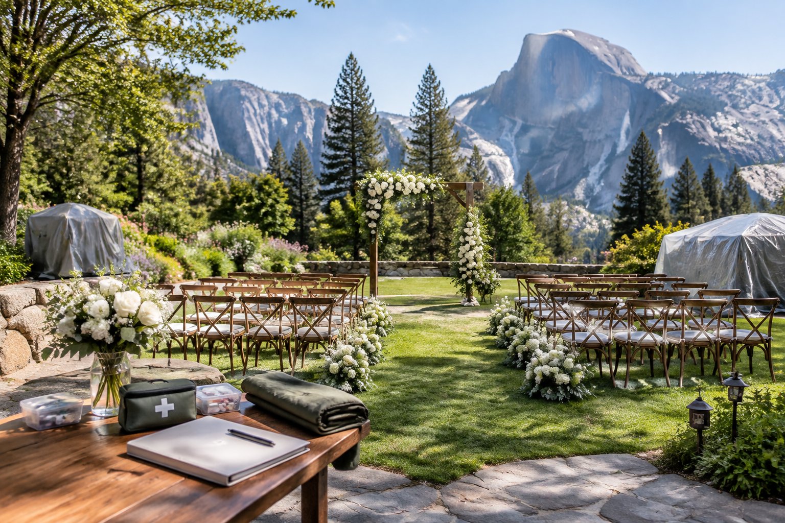 An organized garden wedding ceremony setup with floral arch, chairs, and Yosemite mountains in the background.
