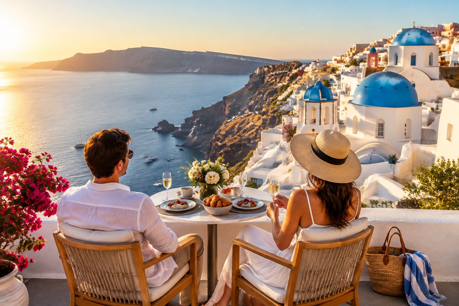 A couple overlooks the Aegean Sea from a terrace in Santorini.
