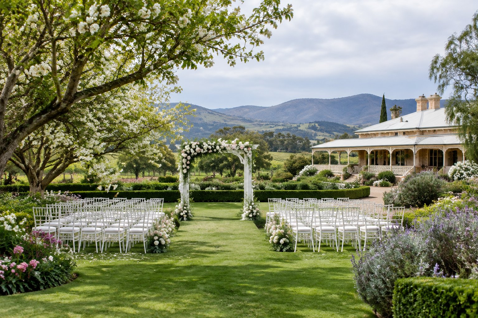 An elegant garden wedding ceremony setup surrounded by lush landscaping and a historic estate in Victoria.