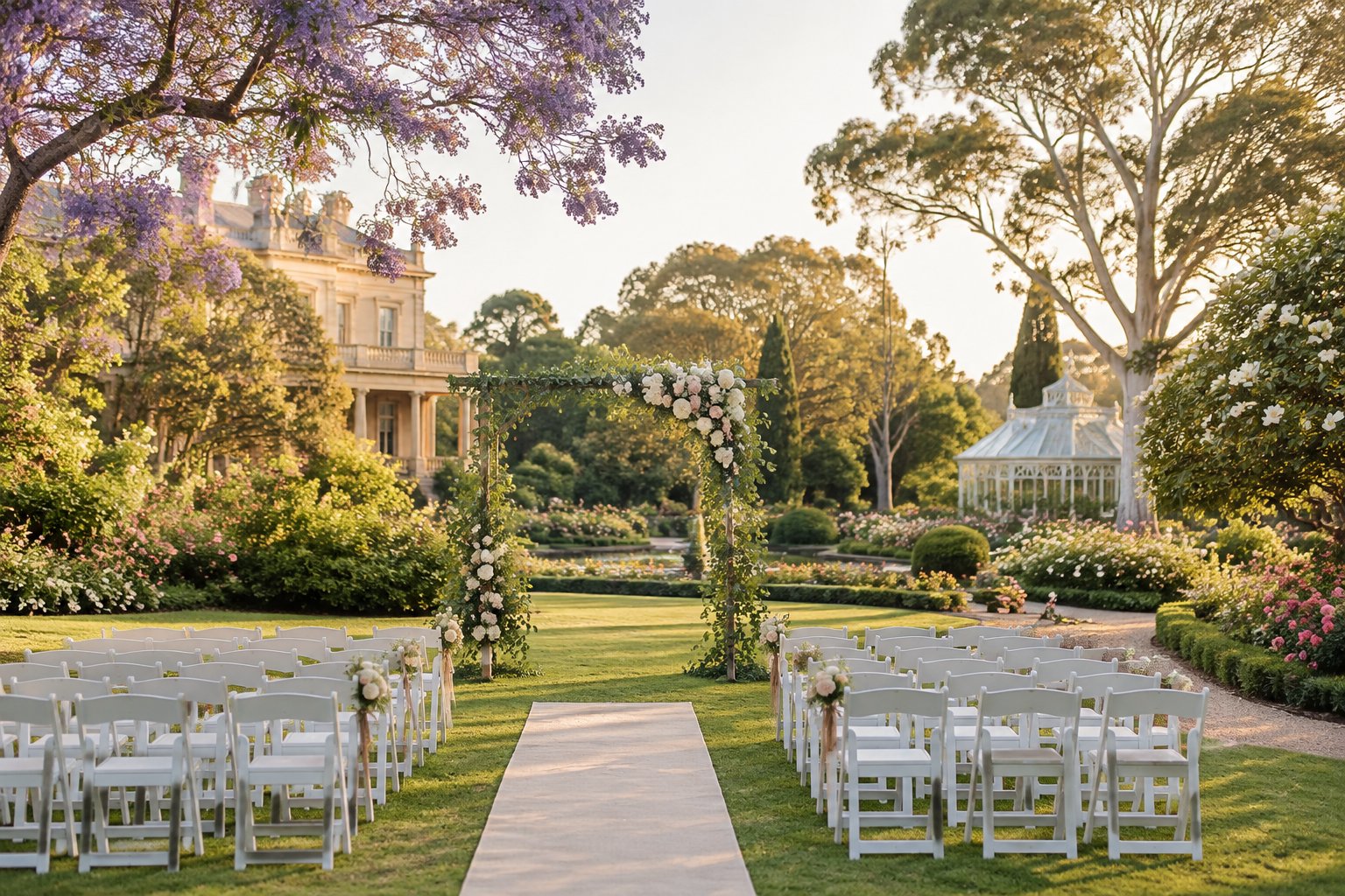 A garden wedding ceremony setup with white chairs, a floral arbor, manicured lawns, and flowering trees.