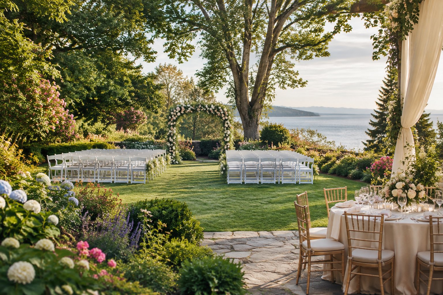Elegant outdoor wedding ceremony setup in a lush Victoria garden with floral arrangements, white chairs, and manicured lawns.