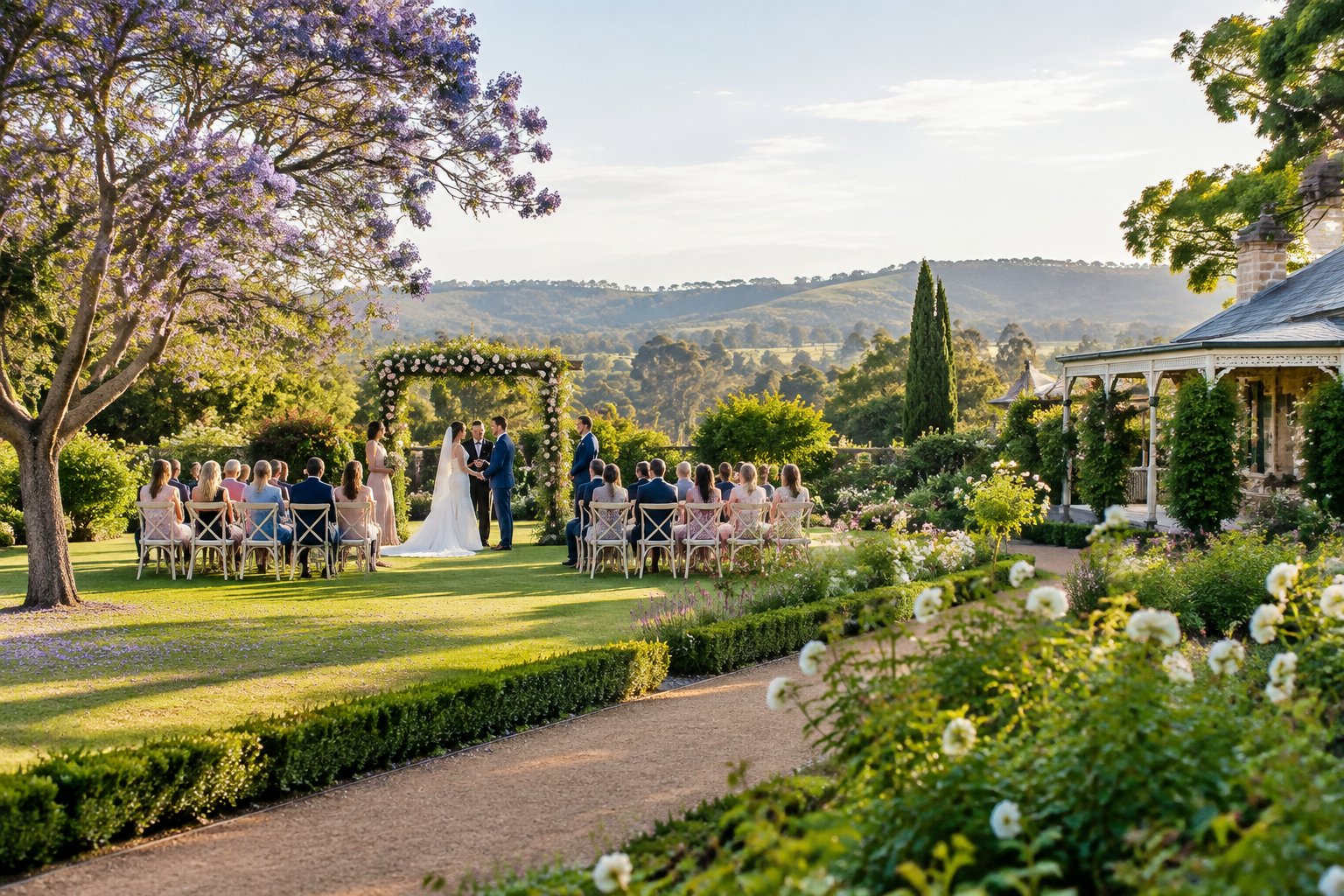 An outdoor wedding ceremony in a lush Australian garden with flowering plants, an arbor, seated guests, and a heritage venue in the background.