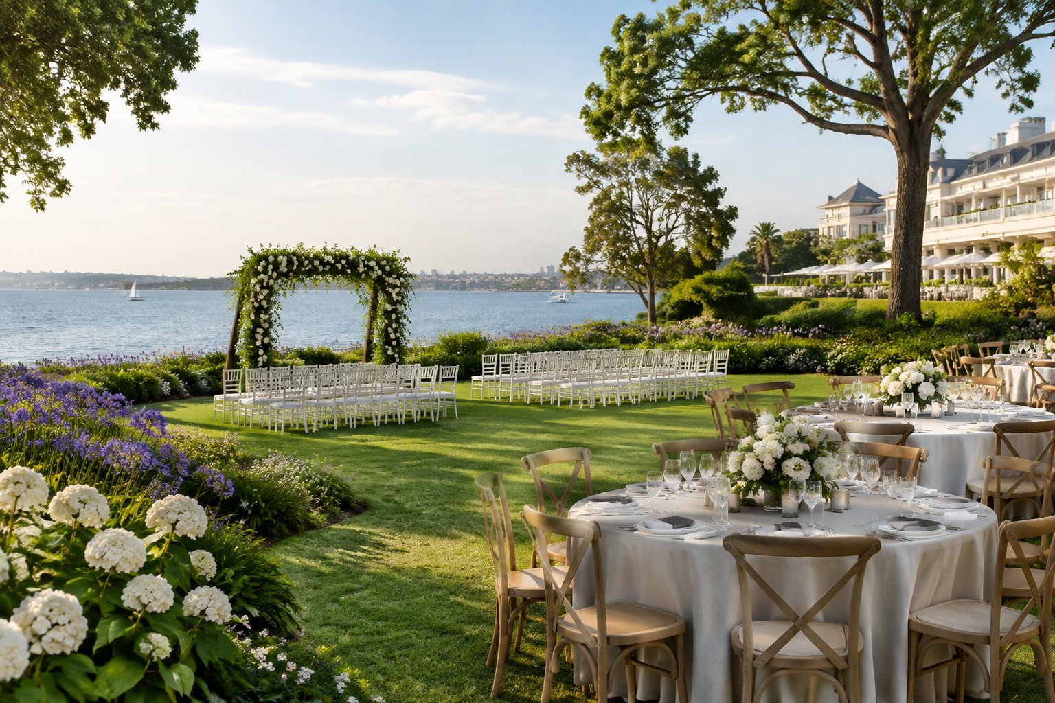 An elegant garden wedding venue beside calm waterfront scenery with floral décor and arranged reception tables.