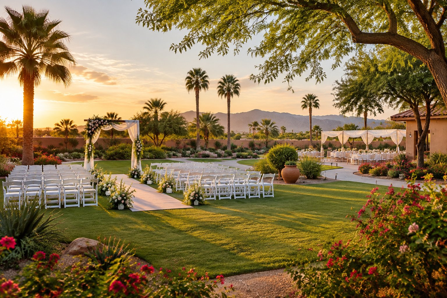 An elegant outdoor wedding ceremony setup in a lush garden with palm trees and flowering plants.