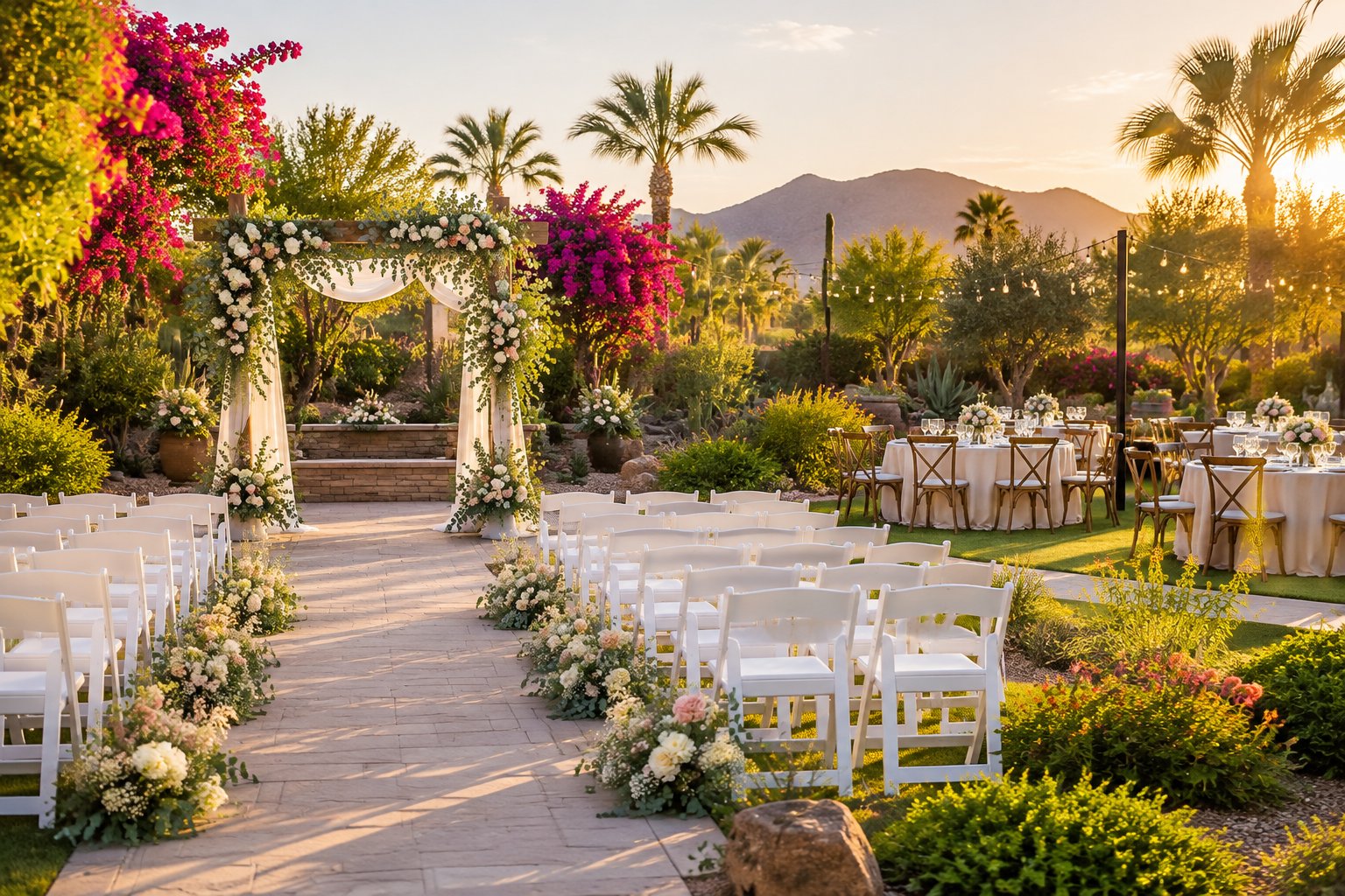 An elegant outdoor wedding ceremony set in a flowering garden with a floral arbor, white chairs, and a decorated reception area.