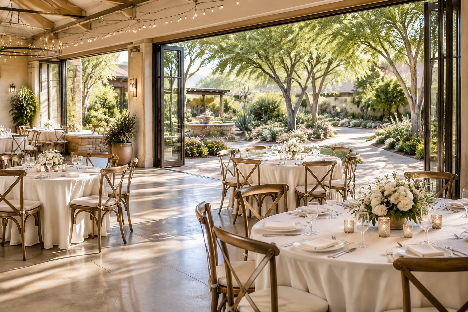 An elegant wedding venue opens onto a lush landscaped garden through large glass doors.