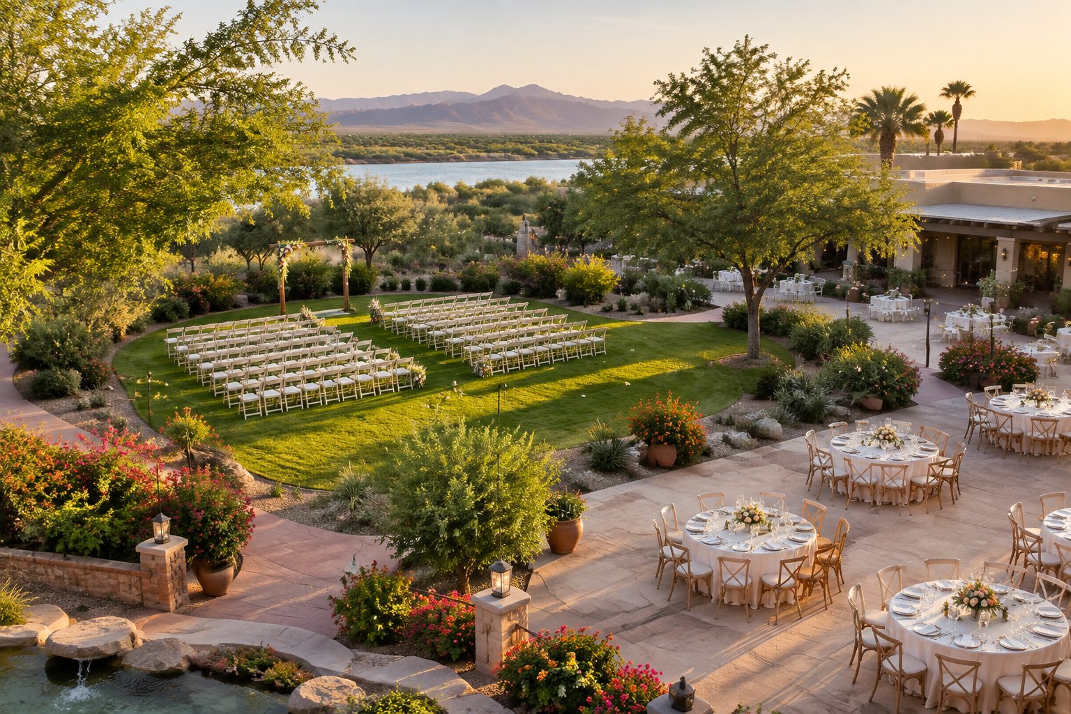 A spacious garden wedding venue in a sunny desert setting with ceremony chairs, floral decor, and reception tables.