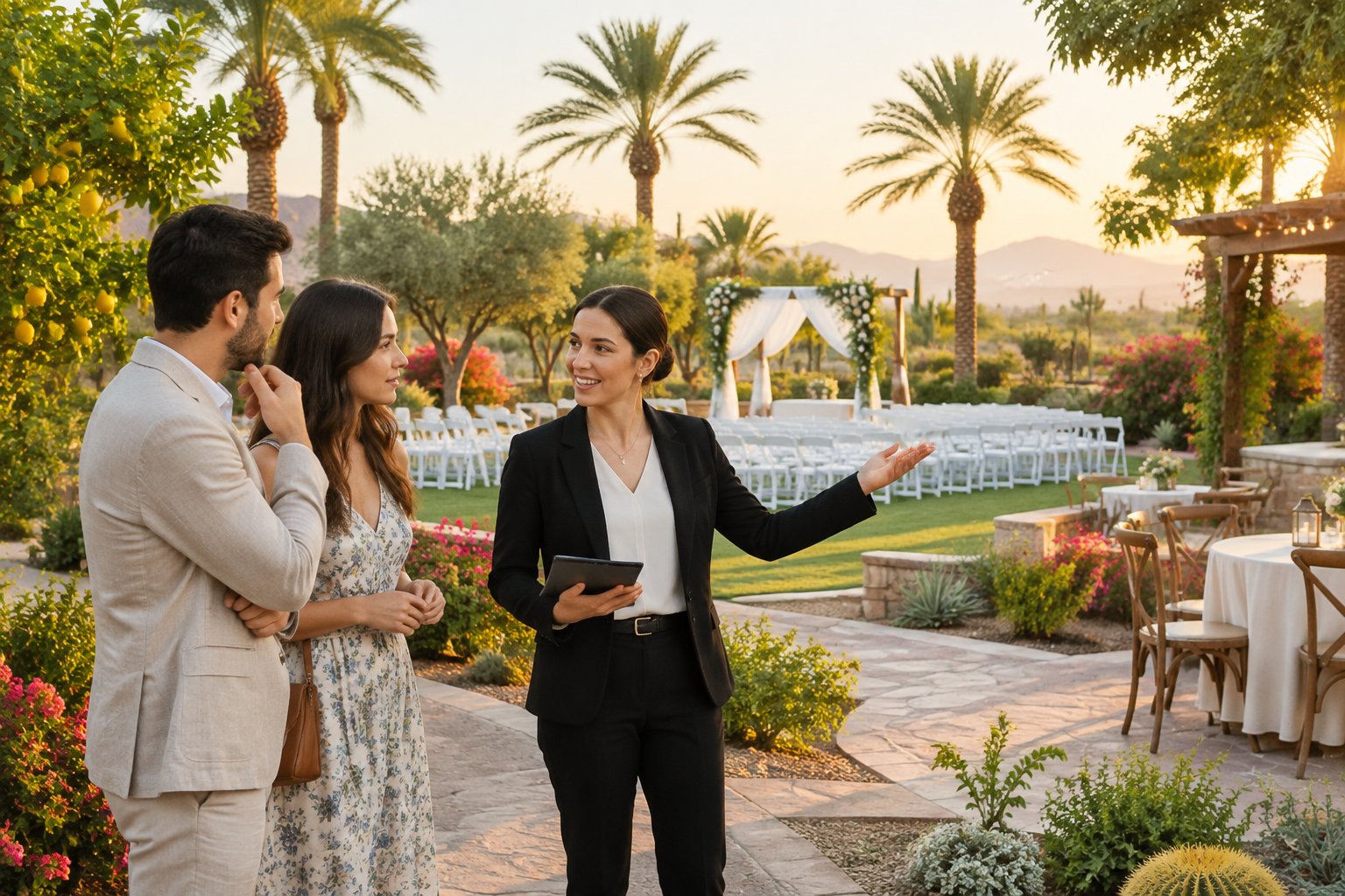 A couple discusses an outdoor garden wedding venue with a coordinator beside a decorated ceremony area.