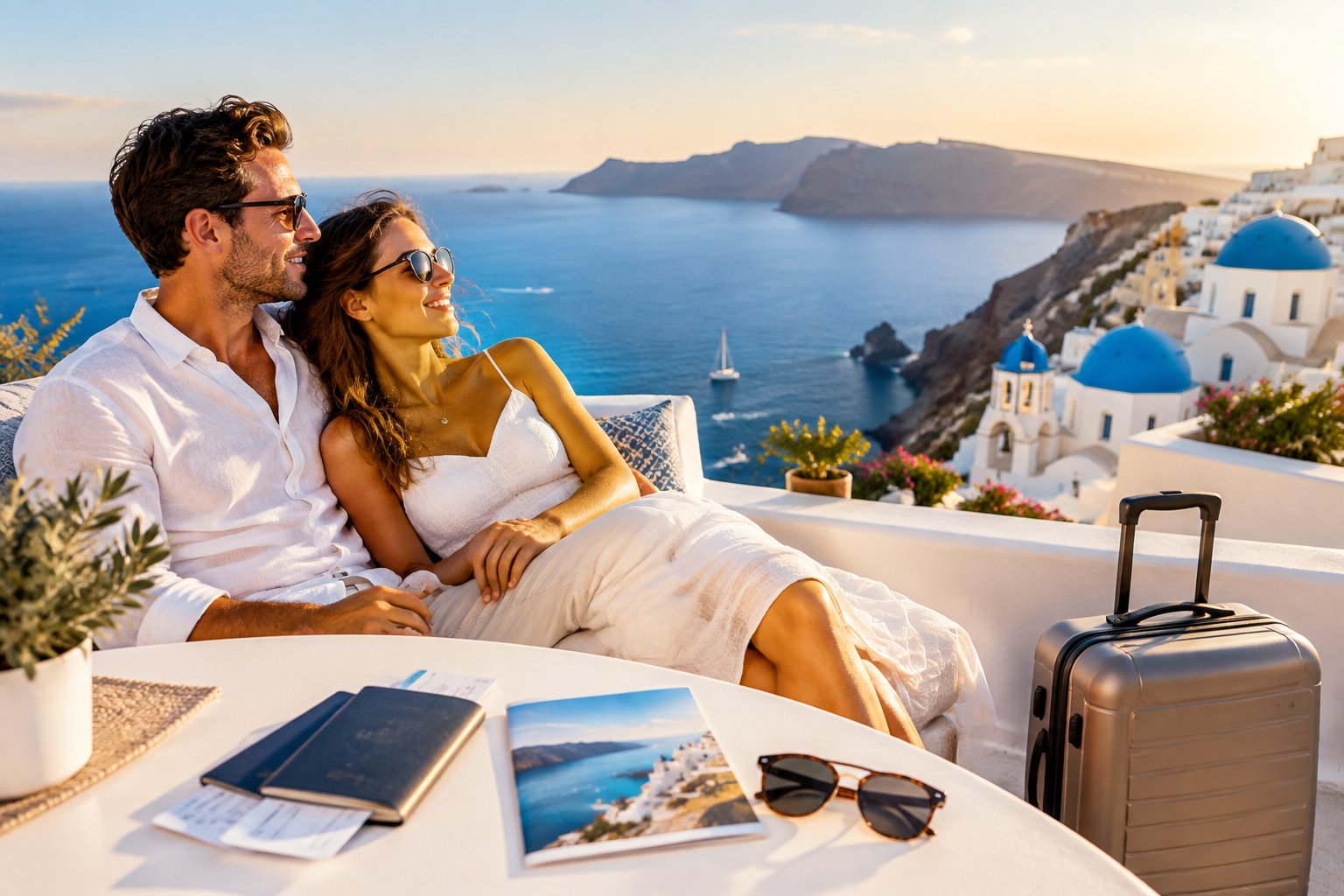 Newlywed couple relaxing on a Greek island terrace overlooking the blue Aegean Sea with travel items nearby.
