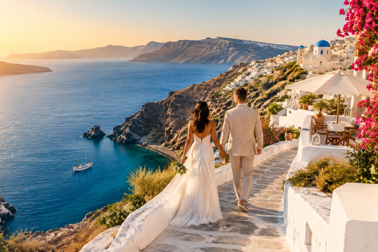 A couple walks hand in hand along a whitewashed Greek island path overlooking the blue Aegean Sea.