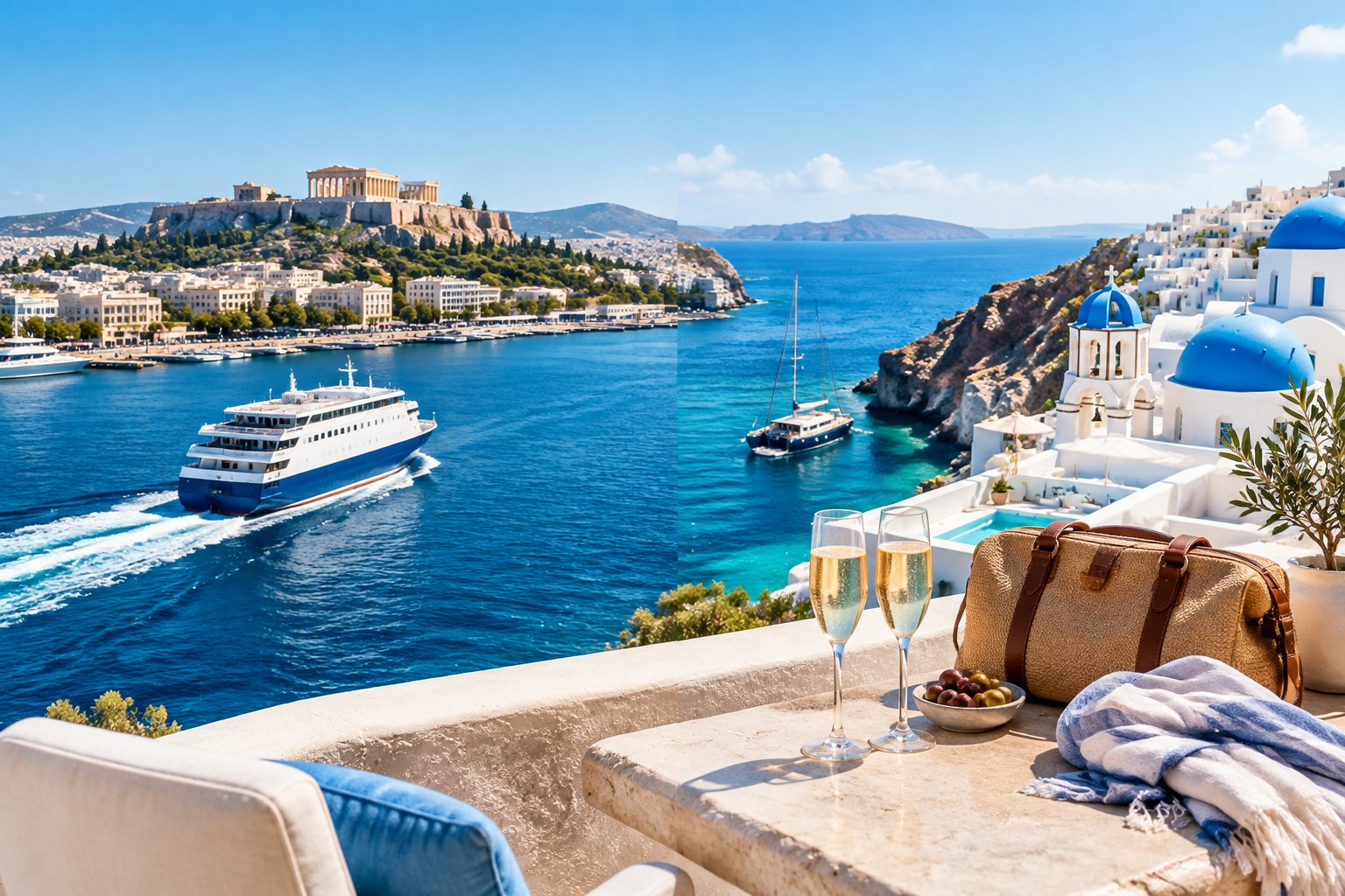 A ferry journey from Athens toward the sunny Greek islands, with the Acropolis, whitewashed buildings, and turquoise sea.