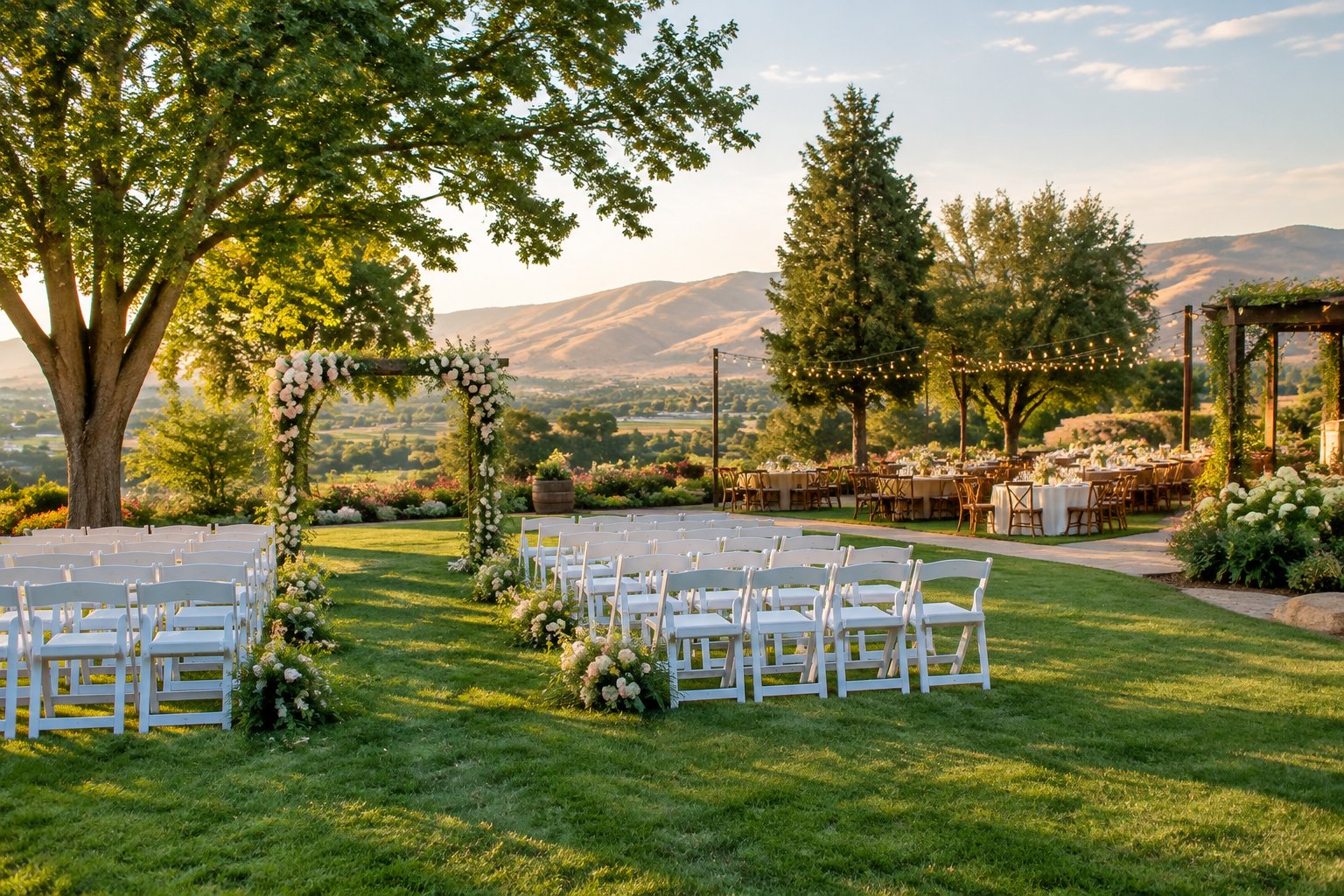 An elegant garden wedding venue with a floral ceremony arch, white chairs, landscaped lawns, and a decorated outdoor reception area.