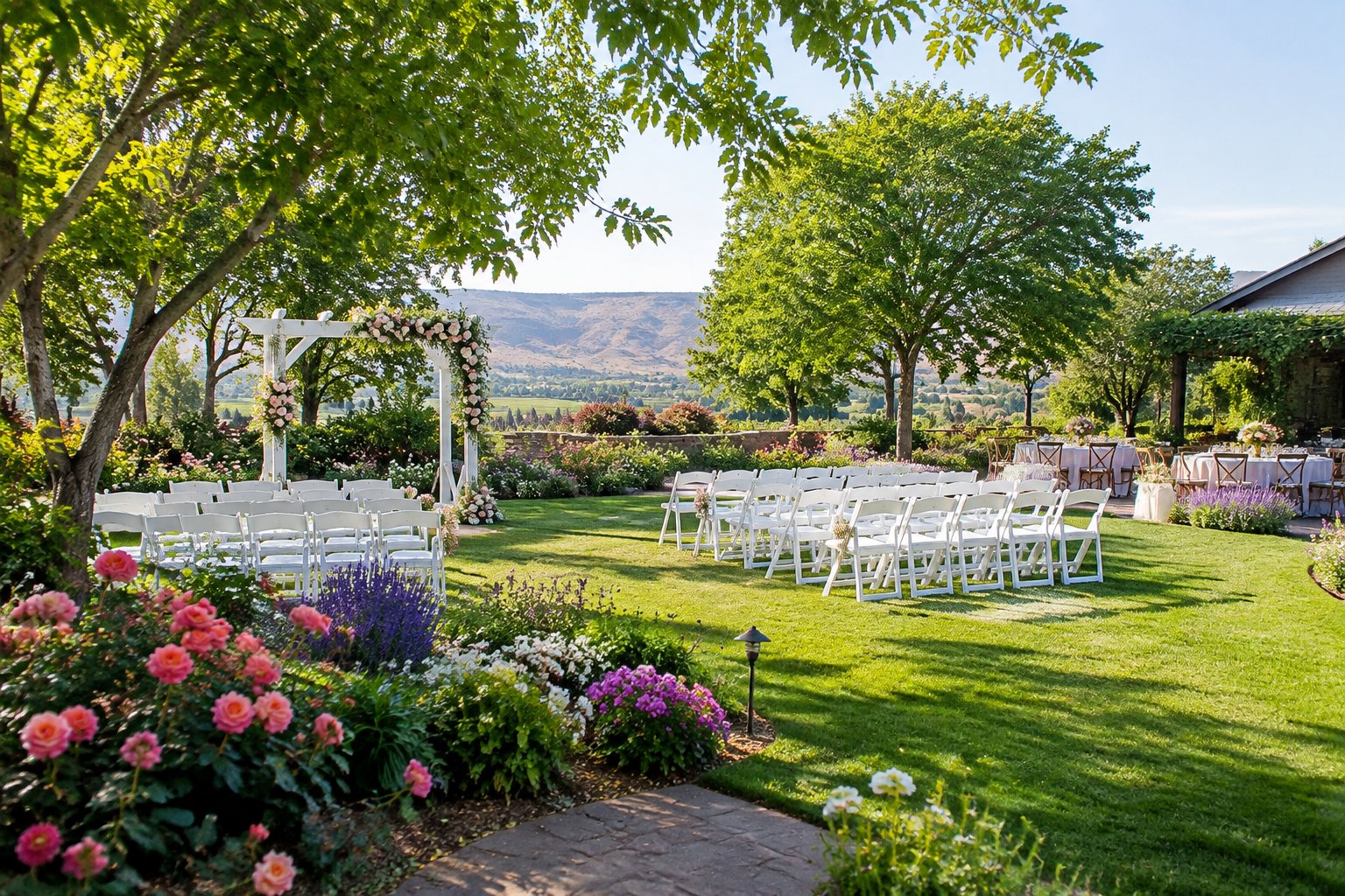 A landscaped garden wedding venue with flowering plants, a white ceremony arch, and rows of chairs.