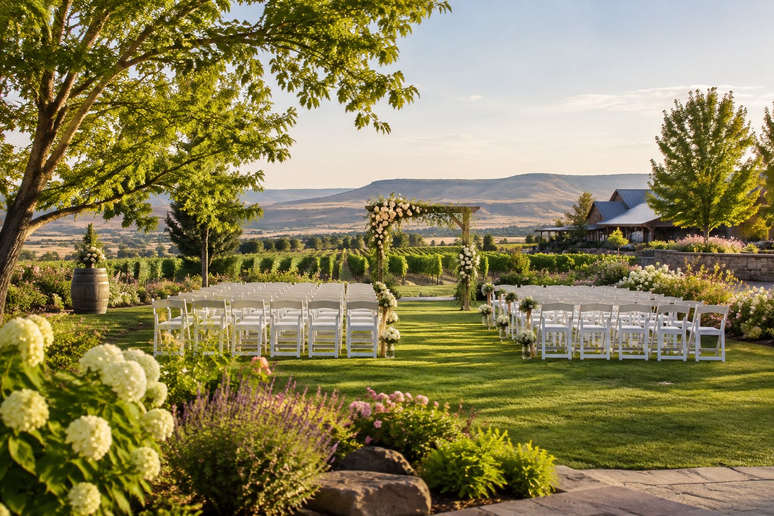 An elegant outdoor wedding ceremony setup in a landscaped garden beside a vineyard and estate.
