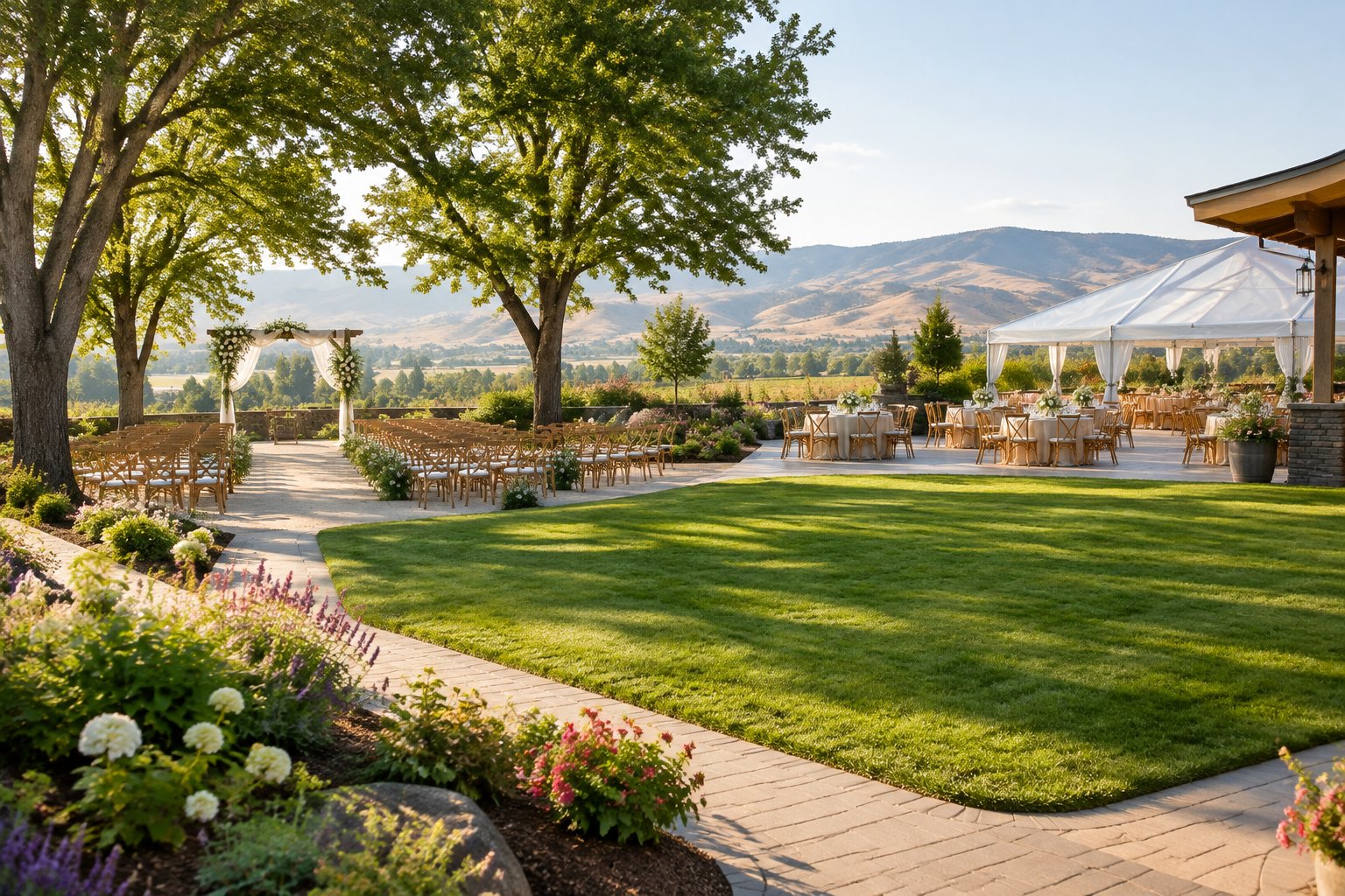 A landscaped garden wedding venue with ceremony, reception, lawn, and covered spaces surrounded by trees and distant hills.