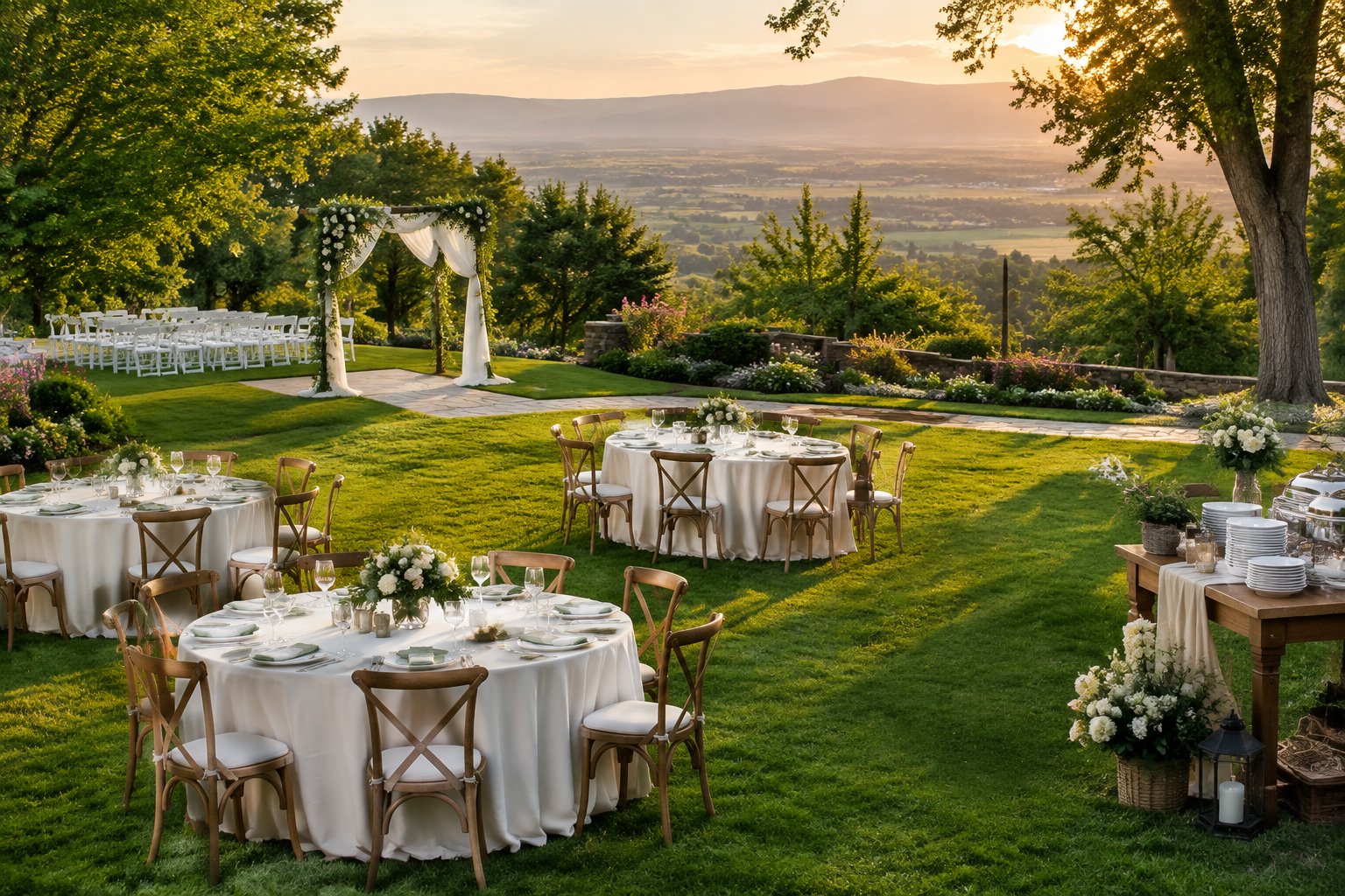 Elegant outdoor wedding reception tables arranged in a landscaped garden with a ceremony arch and rental chairs.