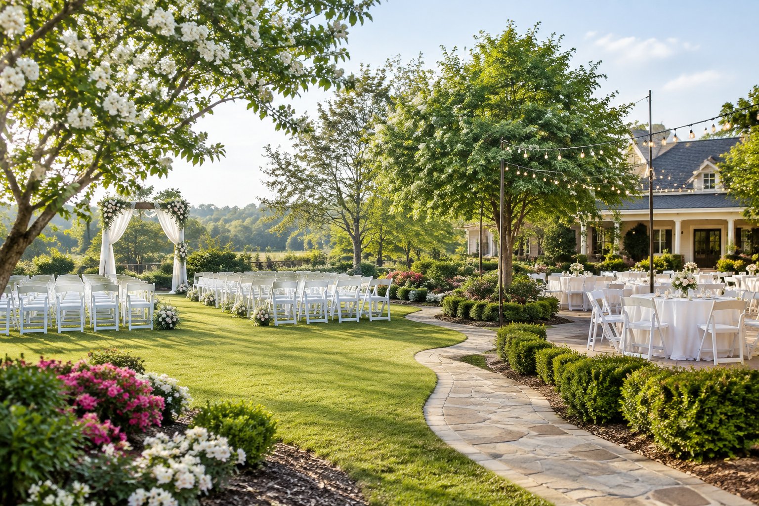 Elegant garden wedding venue with a flower-covered arbor, white chairs, landscaped gardens, and reception tables.