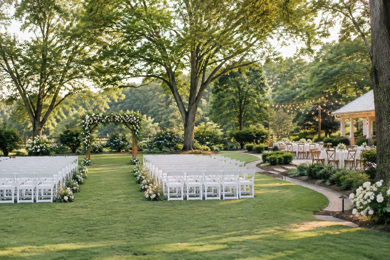 An elegant outdoor wedding ceremony setup in a lush garden with a floral arbor, white chairs, manicured lawn, and reception tables.