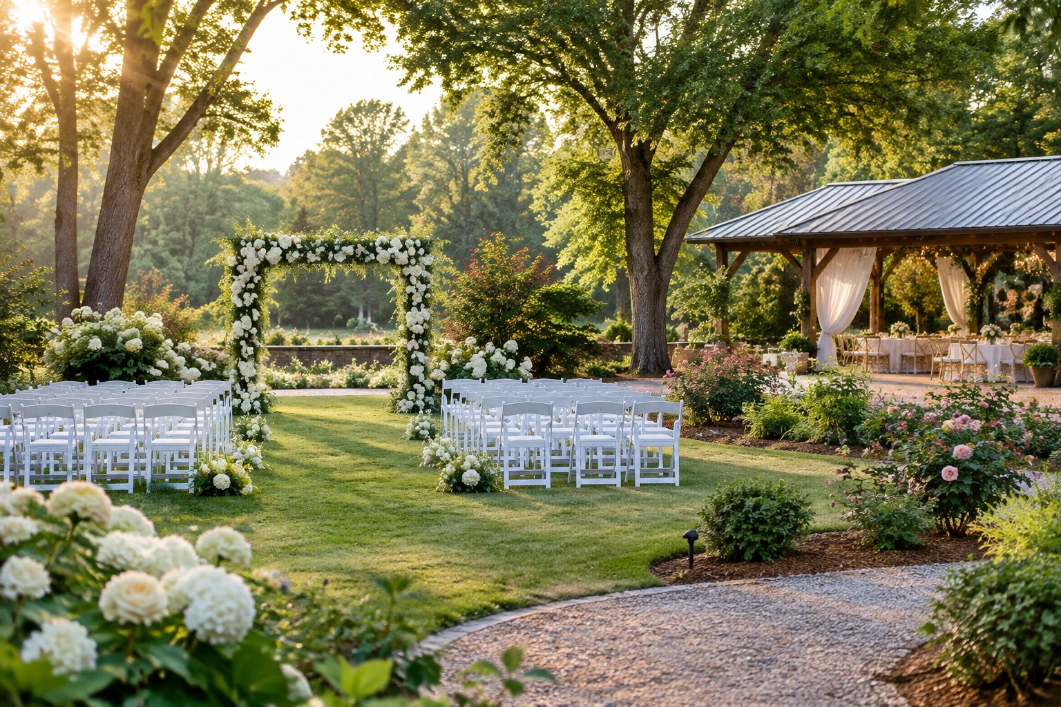Elegant outdoor wedding ceremony setup in a lush garden with a floral arch and white chairs.