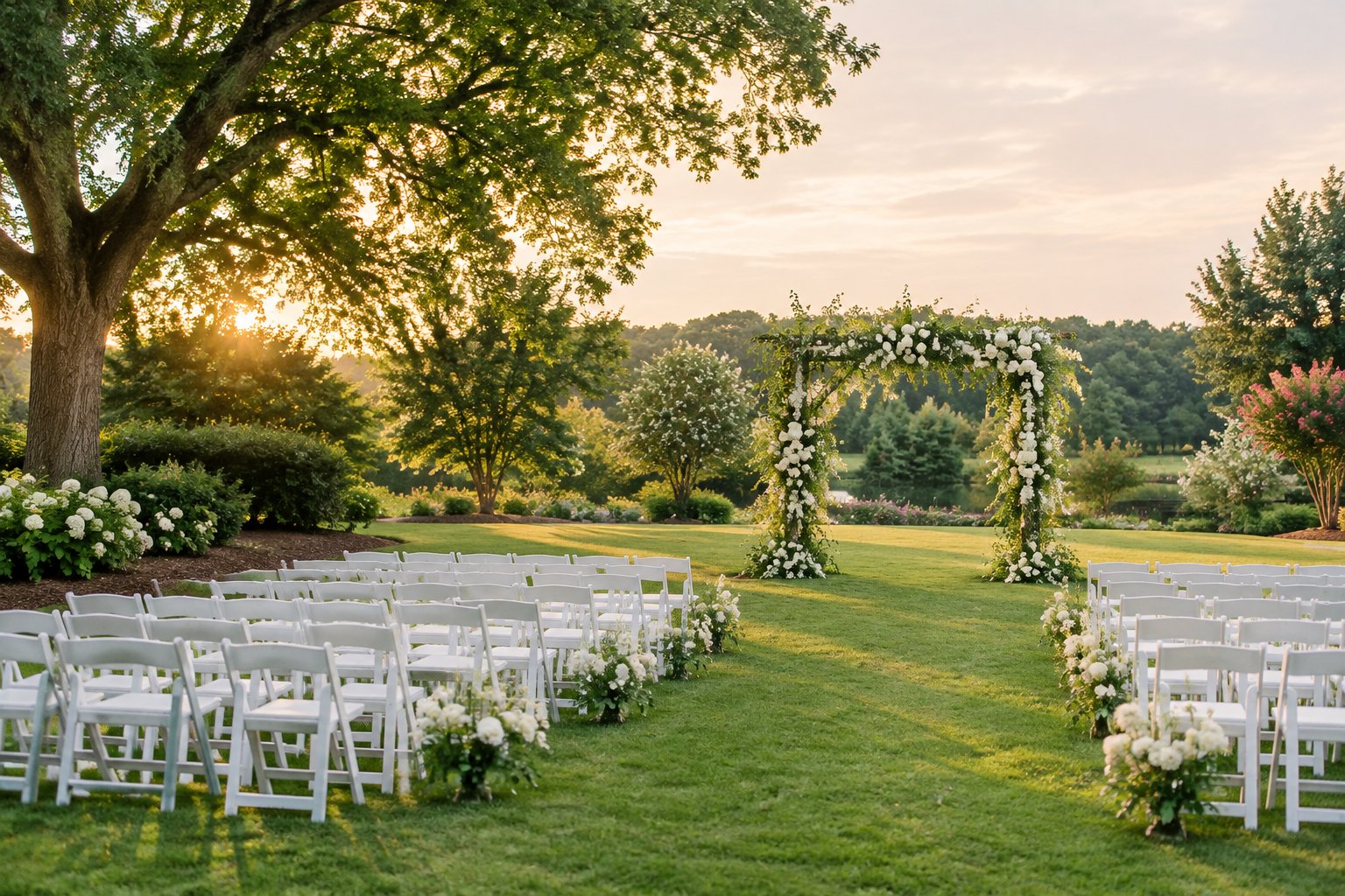 Outdoor wedding ceremony setup in a lush garden with a floral arch and white chairs.