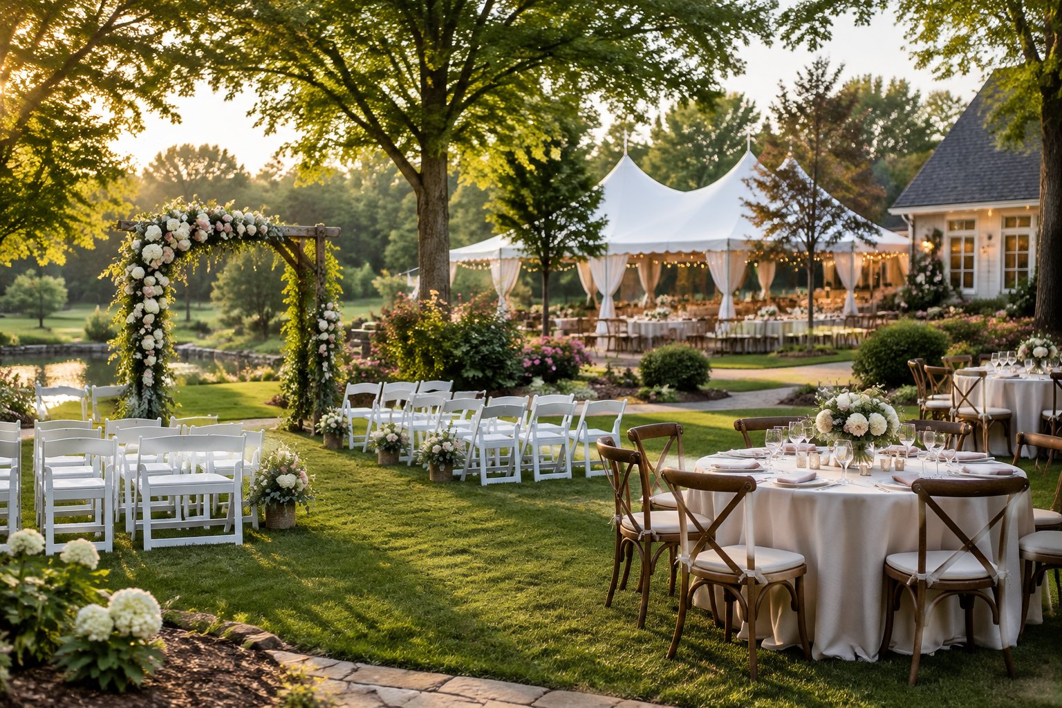An elegant garden wedding venue with ceremony chairs, floral decorations, and reception tables on a manicured lawn.