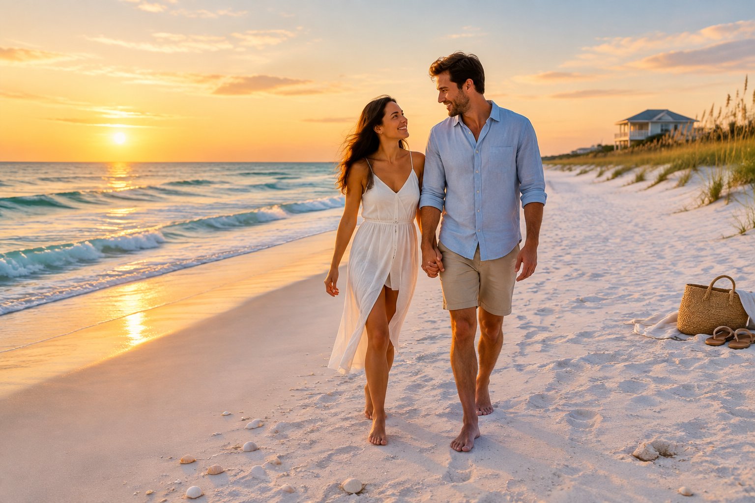 A newlywed couple walks hand in hand along a sunny Gulf Coast beach near the water.