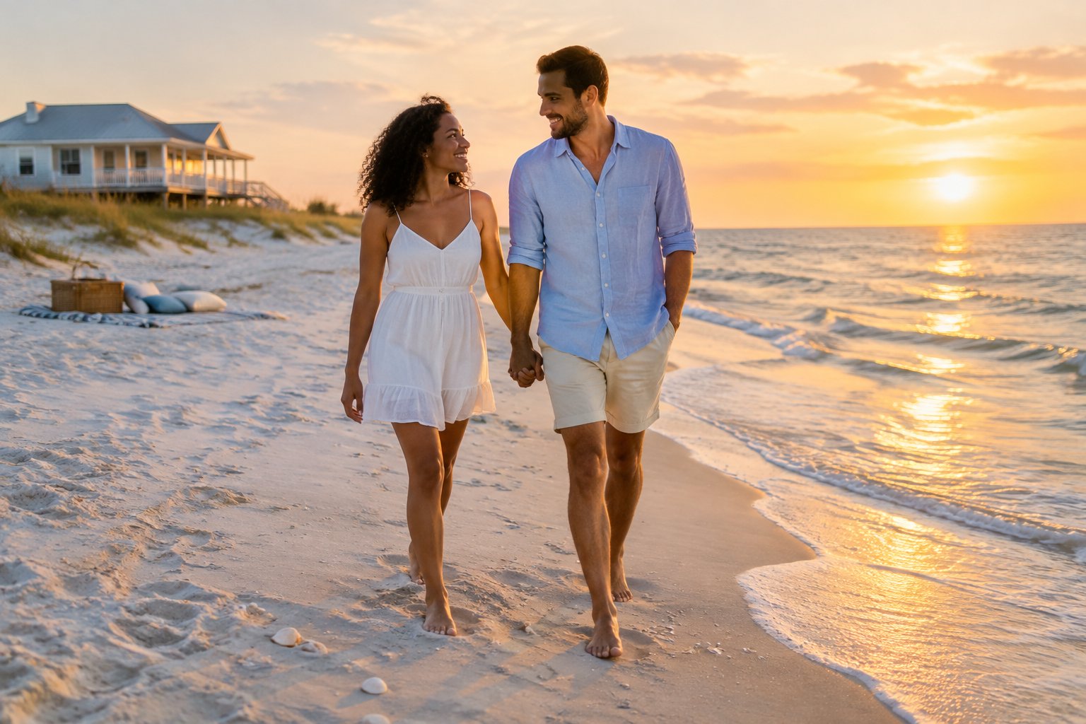 A newlywed couple walks hand in hand along a peaceful Gulf Shores beach at sunset.