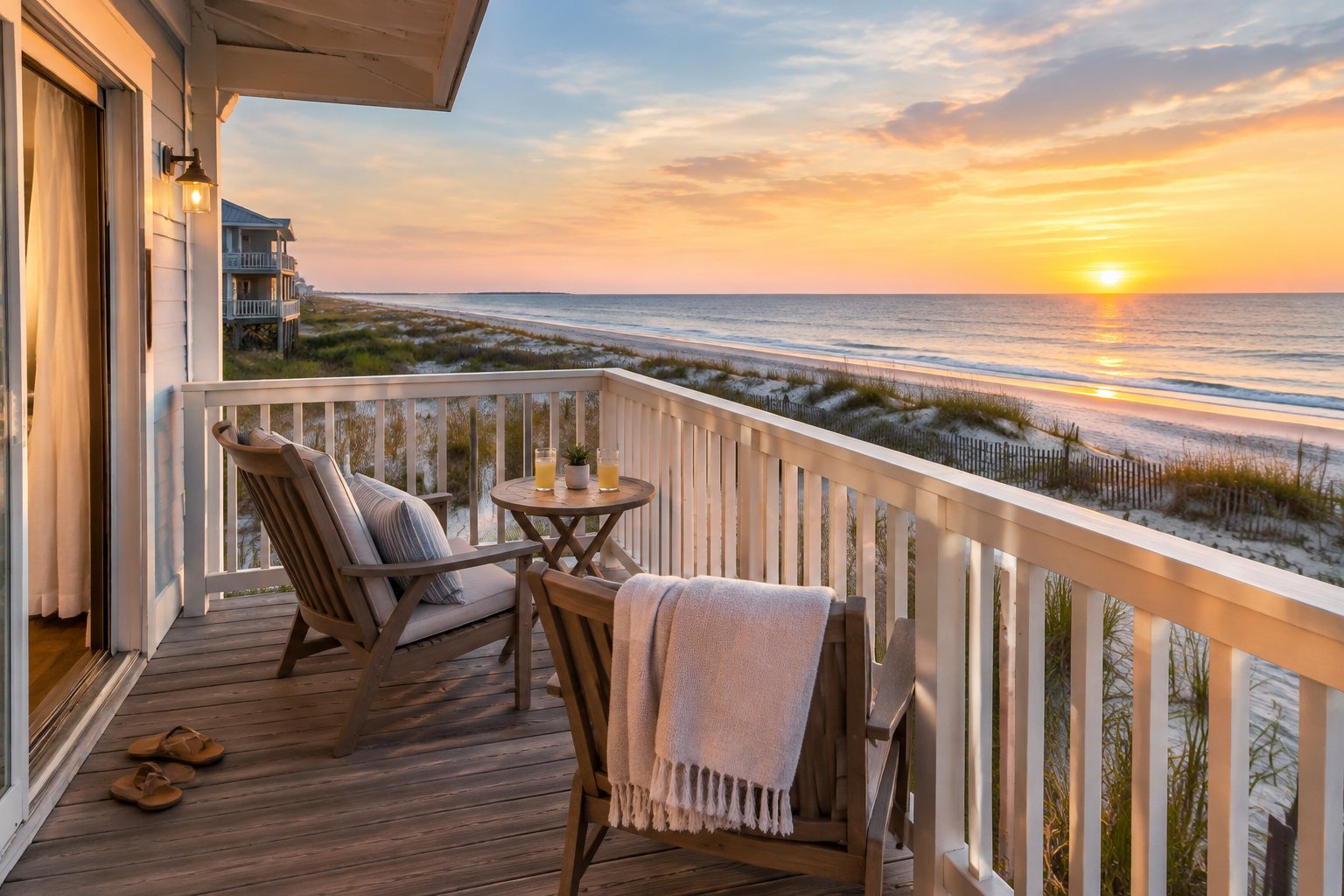 A modest beachfront vacation rental with two chairs overlooking the Gulf of Mexico at sunset.